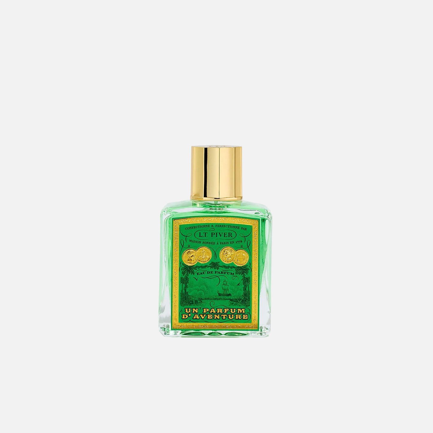 Perfume bottle with green label and gold cap on light gray background