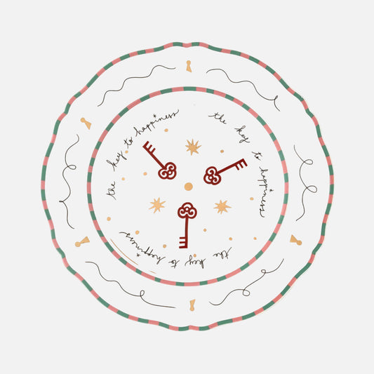 Decorative plate with key designs and text on a white background