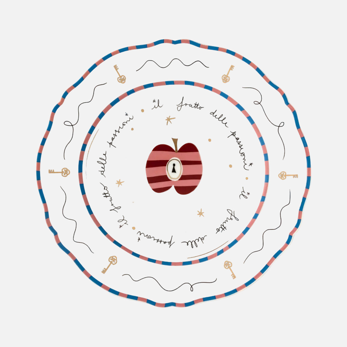 Decorative plate with a red apple design and text on a white background
