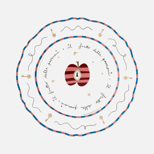Decorative plate with a red apple design and text on a white background