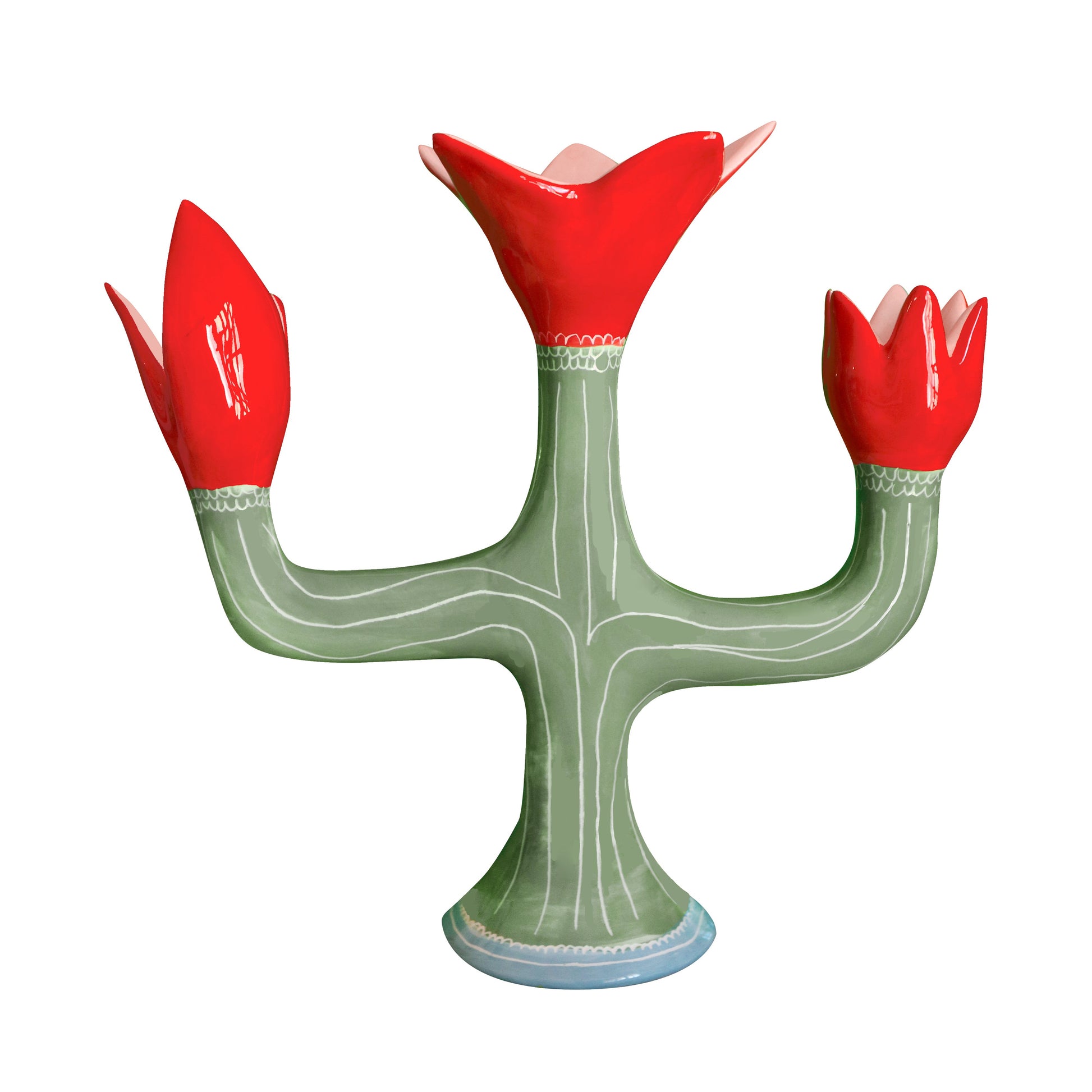 Ceramic cactus-shaped vase with red flower-like ends on a white background