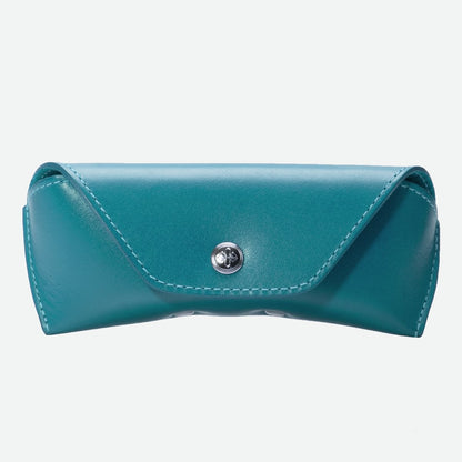 Teal leather case with a silver button on a white background