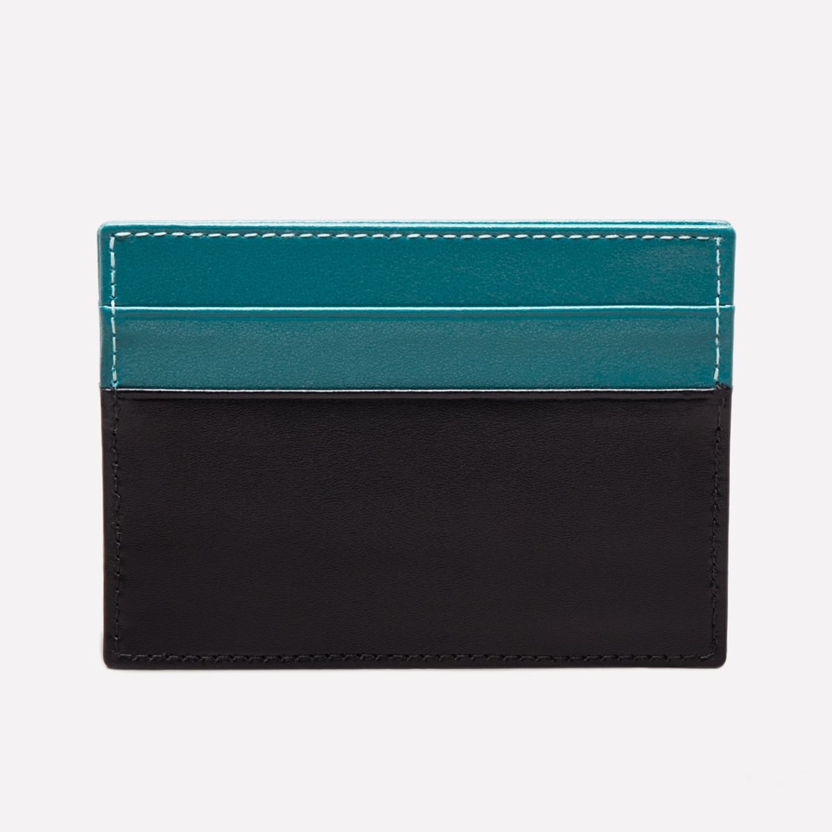 Two-tone black and teal cardholder on a white background