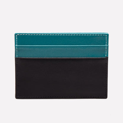 Two-tone black and teal cardholder on a white background