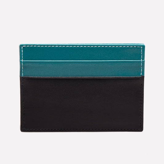 Two-tone black and teal cardholder on a white background