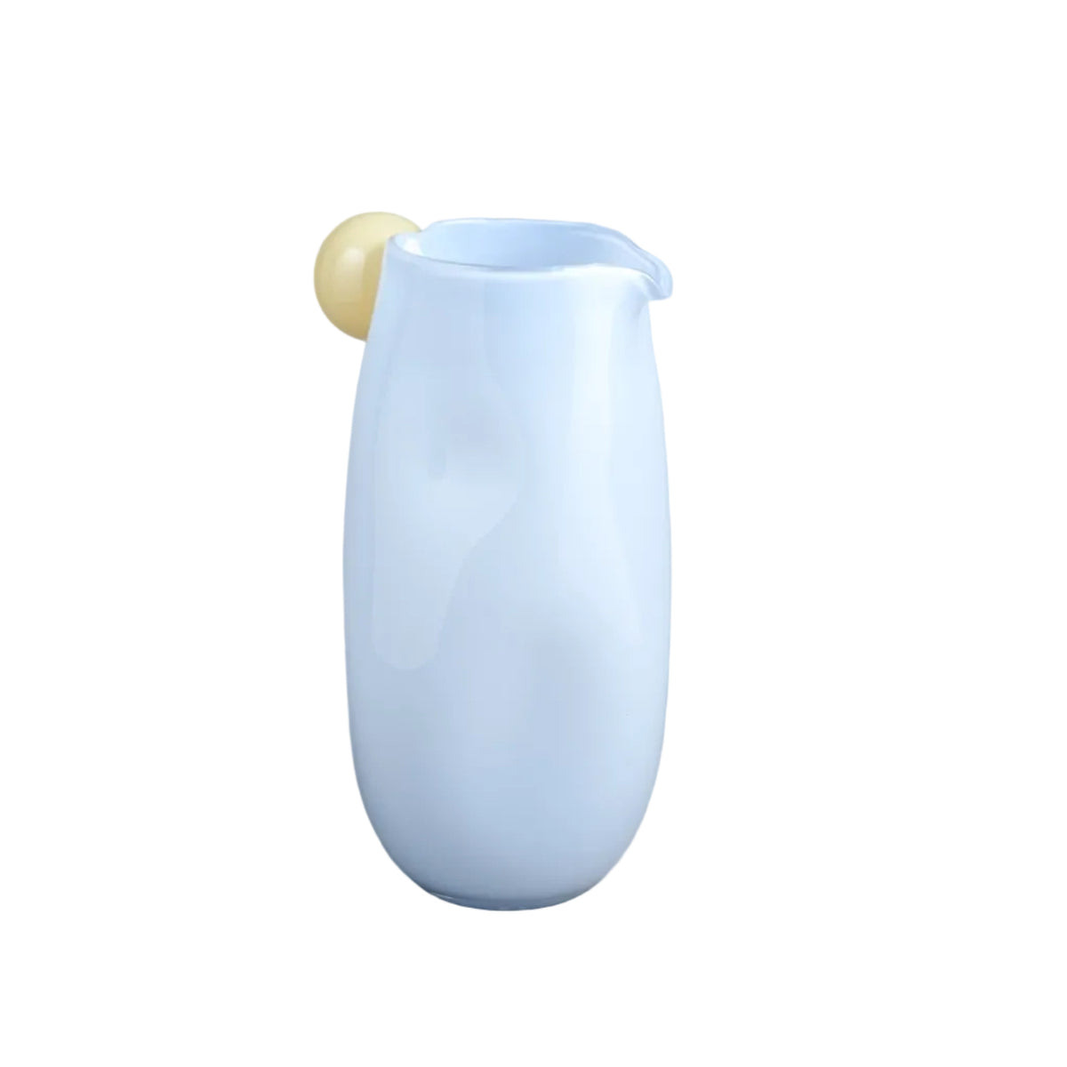 A light blue ceramic pitcher with a small pale yellow spherical accent on the rim, set against a neutral gray studio background.