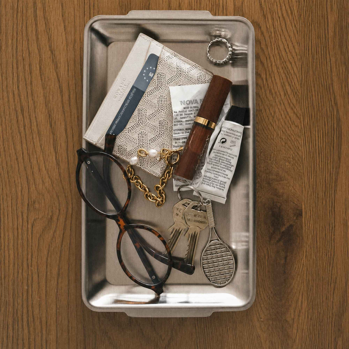 Industrial Stainless Steel Tray as a desk catch-all
