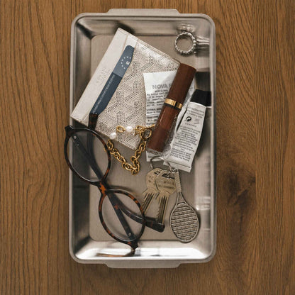 Industrial Stainless Steel Tray as a desk catch-all