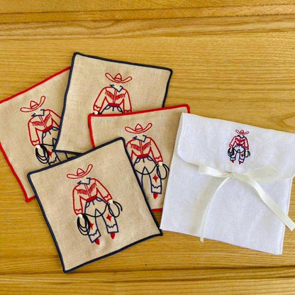 Cowboy Embroidered Linen Cocktail Napkins – Set of 4: Red hem