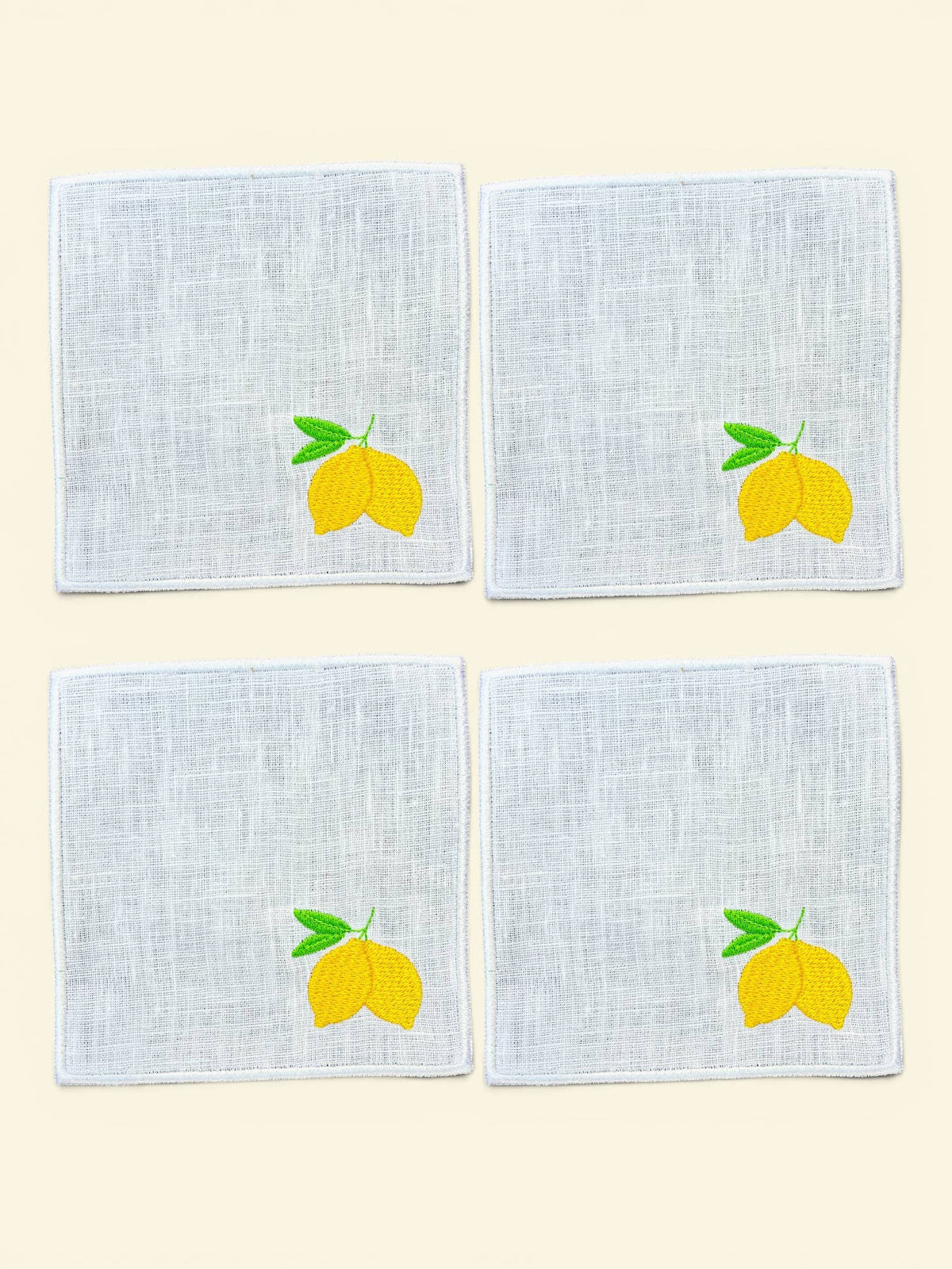 Lemons Embroidered Linen Cocktail Napkins - Set of 4: White hem