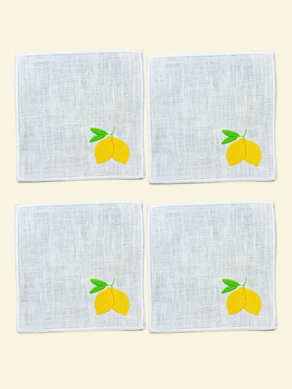 Lemons Embroidered Linen Cocktail Napkins - Set of 4: White hem