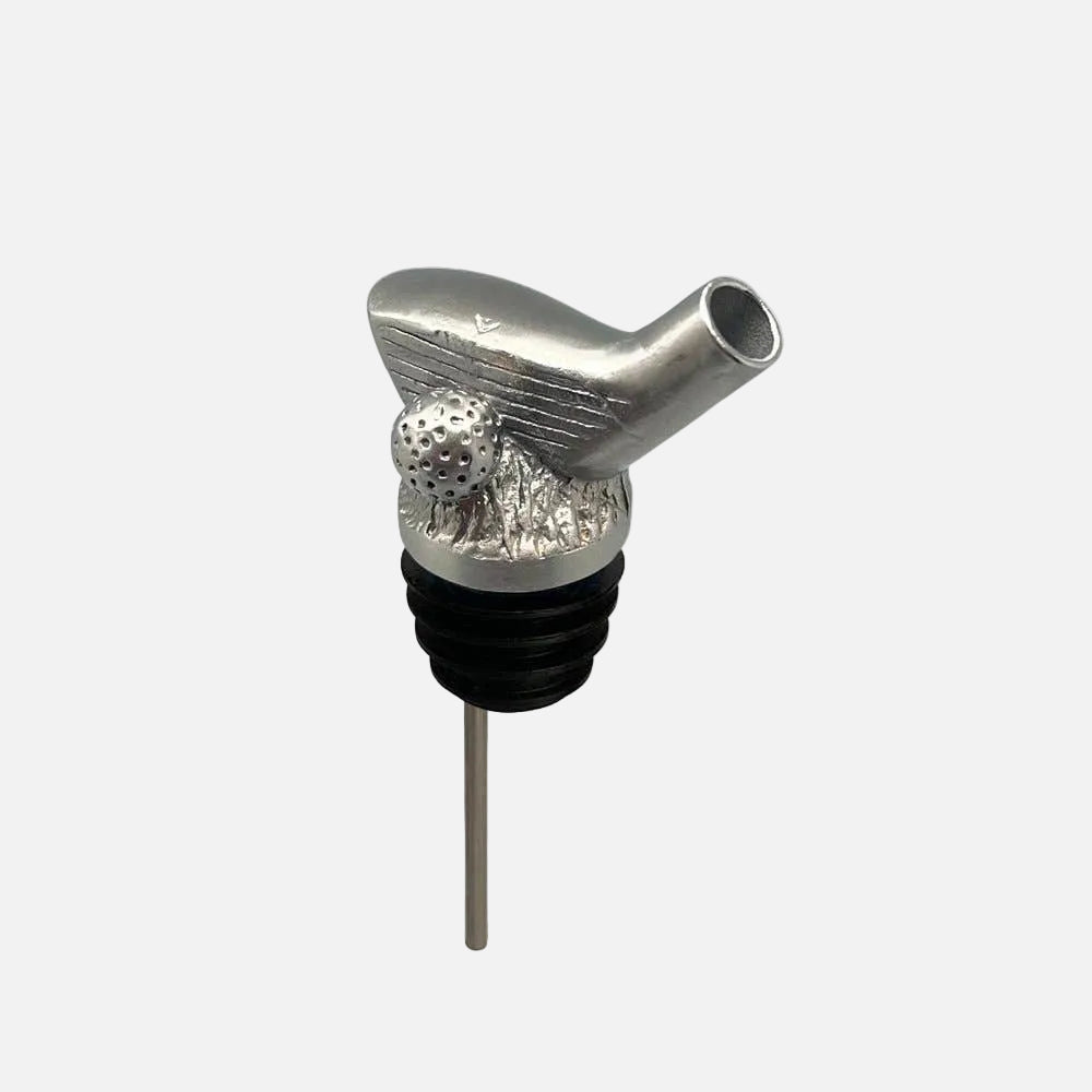 Golf-themed bottle stopper with silver golf club head and black base on a white background
