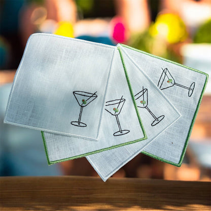 Martini Olive Embroidered Linen Cocktail Napkins - Set of 4: Green hem