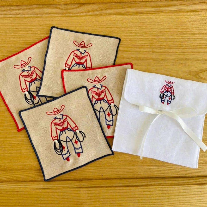 Cowboy Embroidered Linen Cocktail Napkins – Set of 4: Red hem