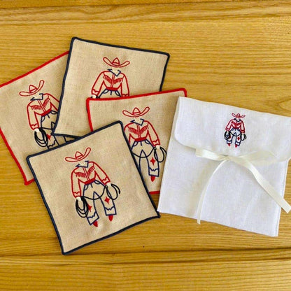 Cowboy Embroidered Linen Cocktail Napkins – Set of 4: Red hem