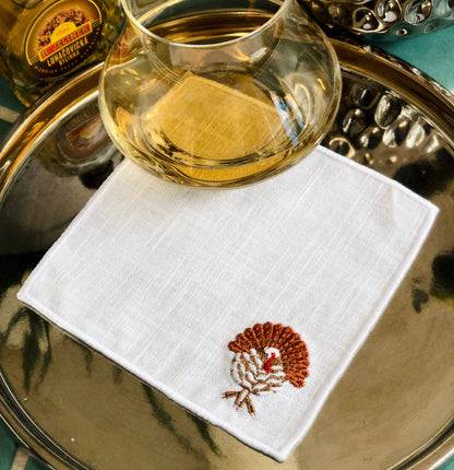 Set of 4 Thanksgiving Embroidered Turkey Cocktail Napkins: Light brown hem