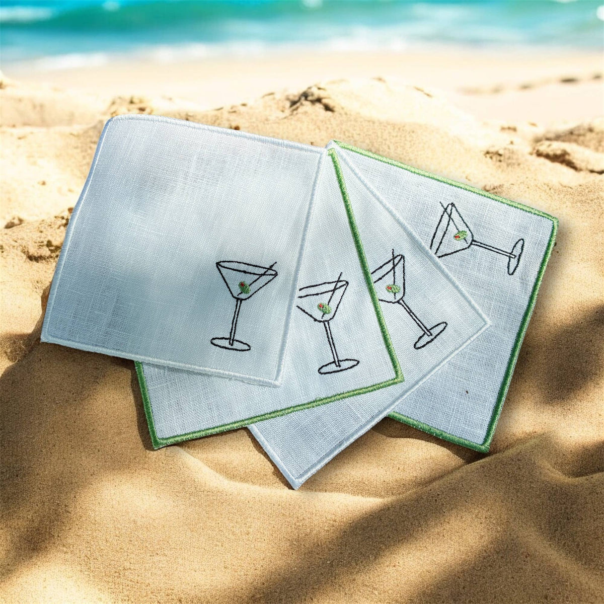 Martini Olive Embroidered Linen Cocktail Napkins - Set of 4: Green hem