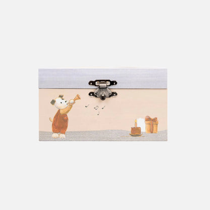 Decorative box with a cartoon dog playing a trumpet and gift boxes on a white background