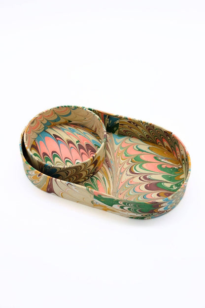 Nesting Hand-Marbled Oval Desk Tray Set in Flatiron Feathers