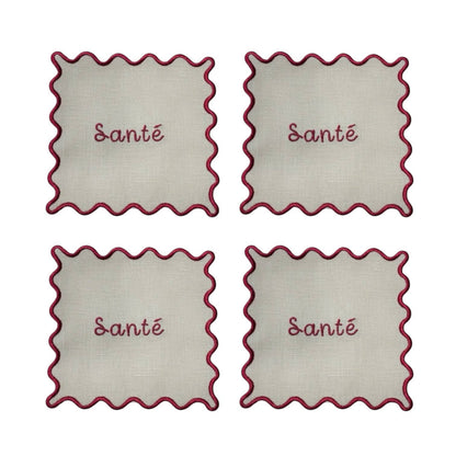 Sante Embroidered Scallop Linen Cocktail Napkins - Set of 4