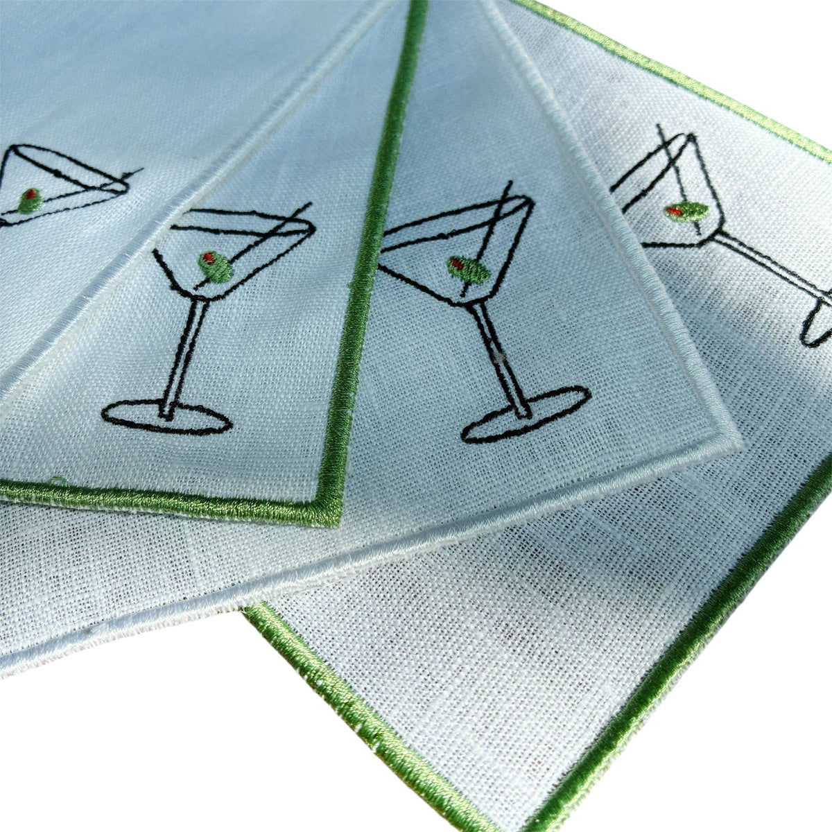 Martini Olive Embroidered Linen Cocktail Napkins - Set of 4: Green hem