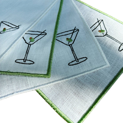 Martini Olive Embroidered Linen Cocktail Napkins - Set of 4: Green hem