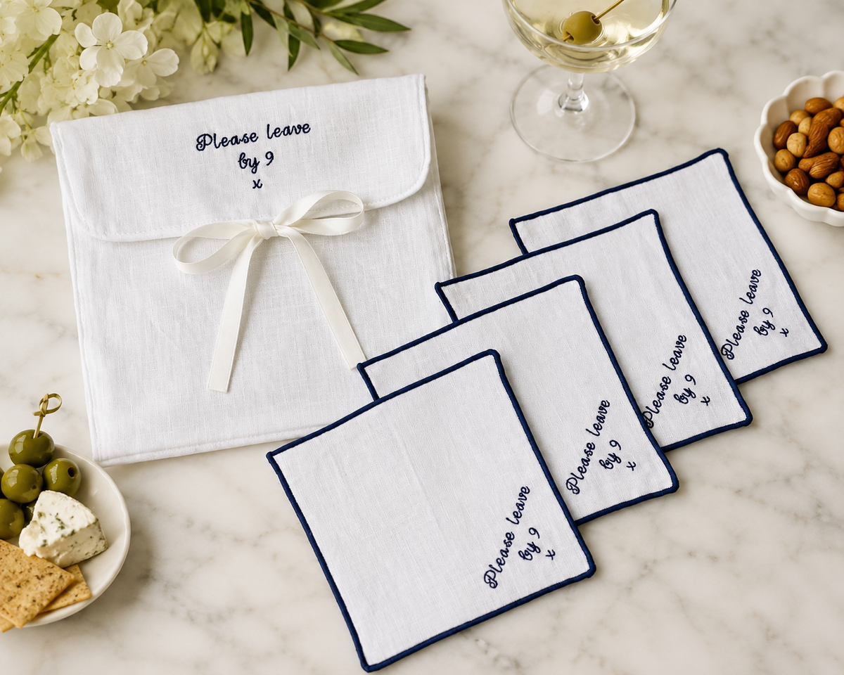 Please Leave By 9 Embroidered Linen Cocktail Napkins: 1. light blue