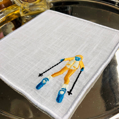 Winter Sport Skiers Linen Cocktail Napkins - Set of 4/6: 4 napkins