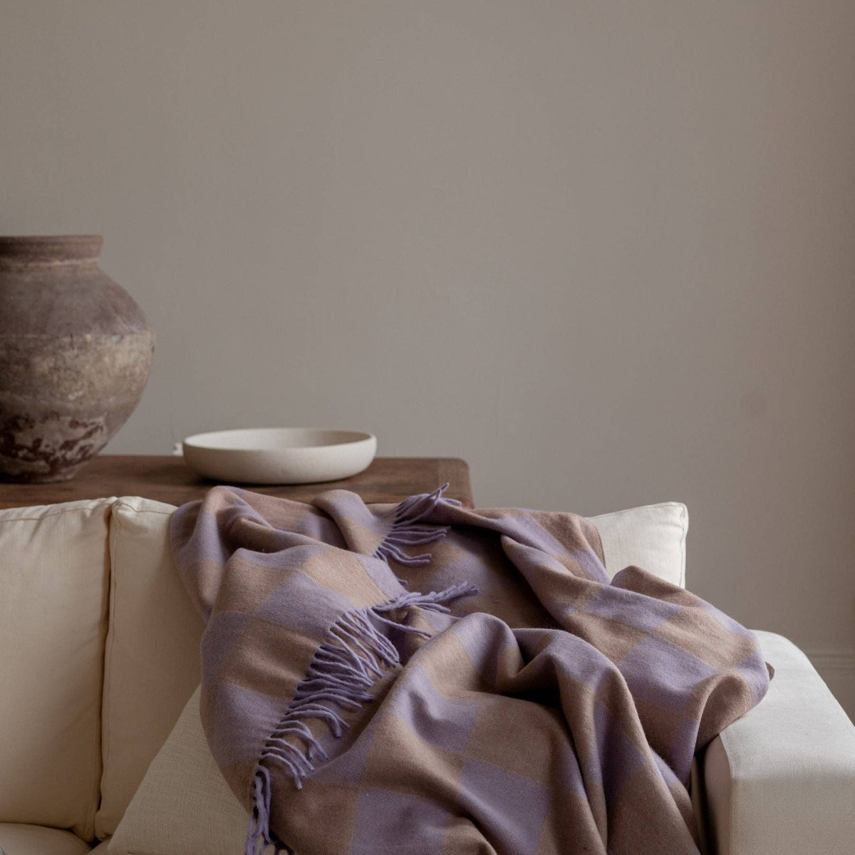 Recycled Wool Blanket in Lilac & Coffee Checkerboard