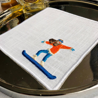 Winter Sport Skiers Linen Cocktail Napkins - Set of 4/6: 4 napkins