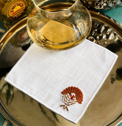 Set of 4 Thanksgiving Embroidered Turkey Cocktail Napkins: Light brown hem