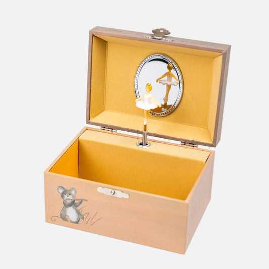 Wooden music box with ballerina design on a white background