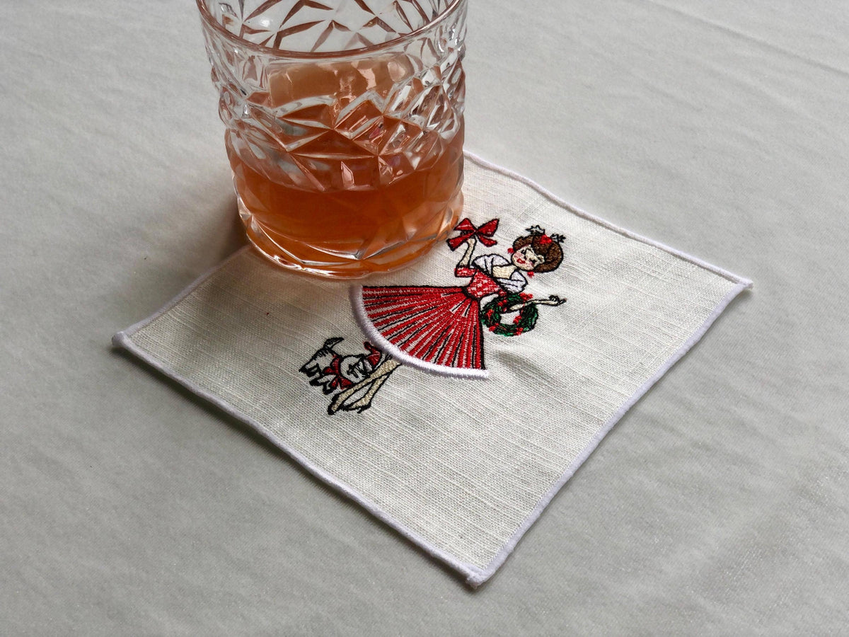 Vintage Retro Christmas Girl Linen Cocktail Napkins - 4 : Lady with dog