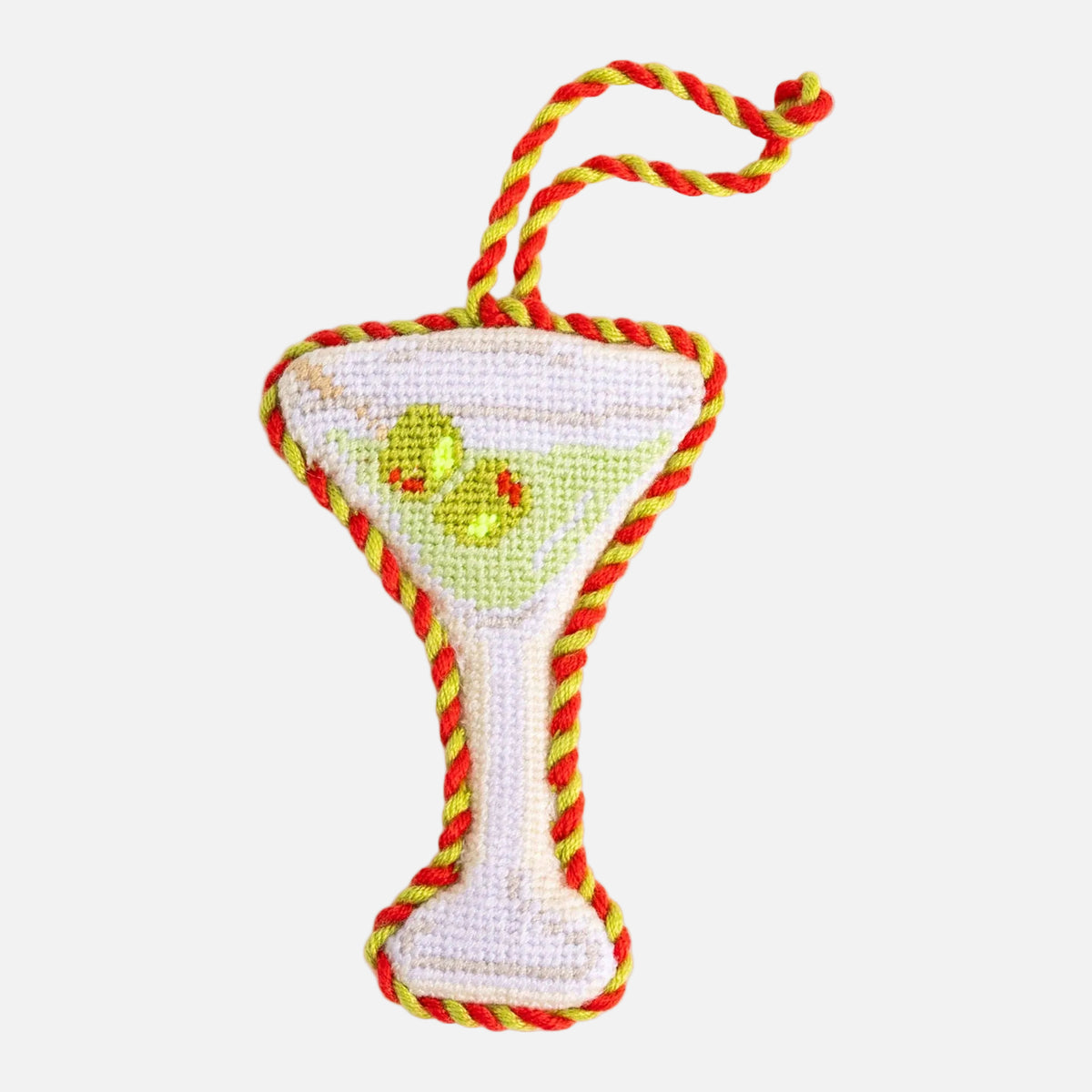 Dog toy shaped like a martini glass with red and yellow rope on a white background