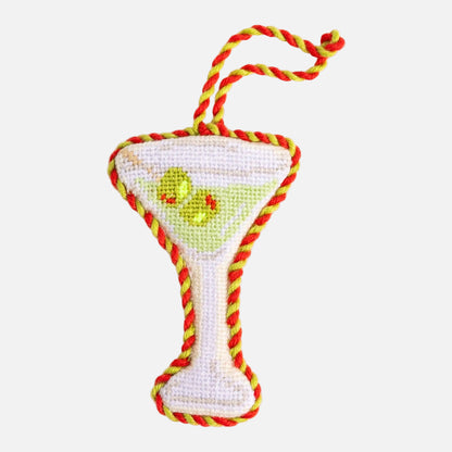 Dog toy shaped like a martini glass with red and yellow rope on a white background