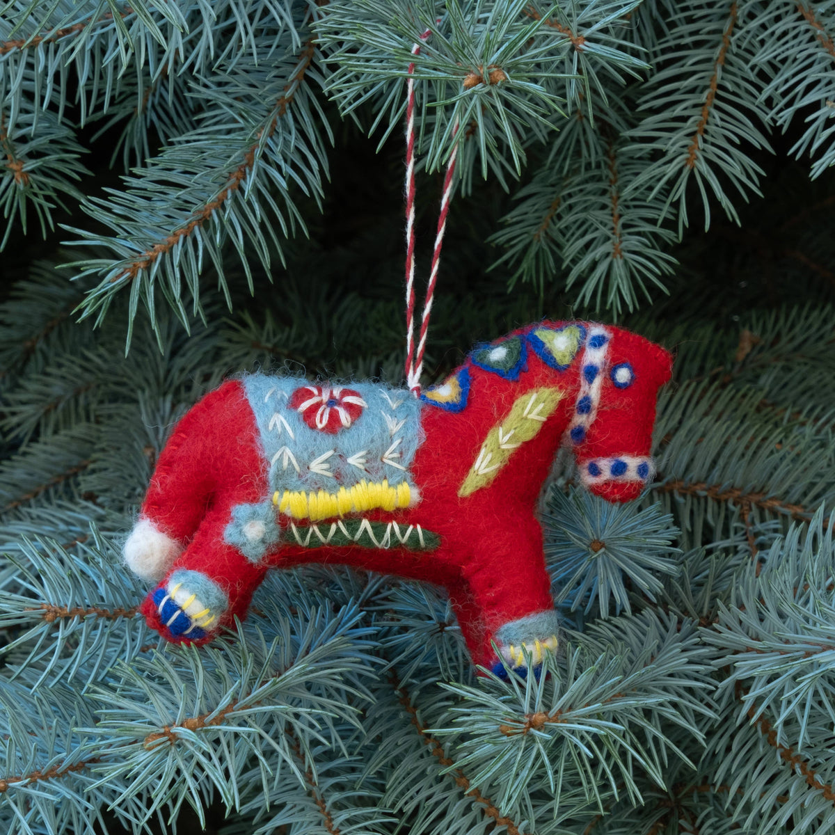 Ornament - Red Swedish Dala Horse, Hand Embroidered
