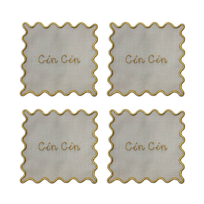 Cin Cin Embroider Scallop Linen Cocktail Napkins - Set of 4