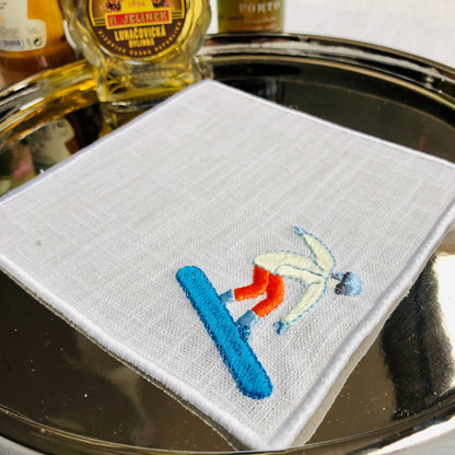 Winter Sport Skiers Linen Cocktail Napkins - Set of 4/6: 4 napkins