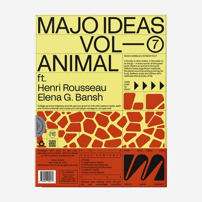 Book cover of 'MAJO IDEAS VOL-7 ANIMAL' featuring Henri Rousseau and Elena G. Bansh on a yellow and red patterned background.