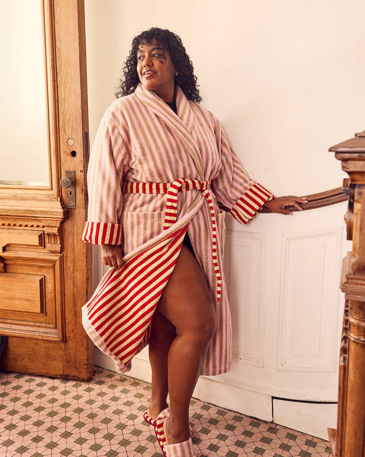 Ladybug Stripe Plush Cotton Terry Bathrobe: L