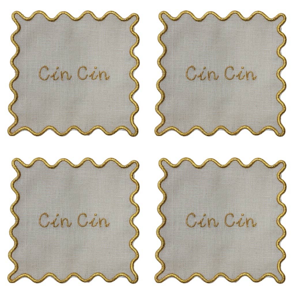 Cin Cin Embroider Scallop Linen Cocktail Napkins - Set of 4
