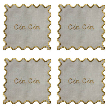 Cin Cin Embroider Scallop Linen Cocktail Napkins - Set of 4