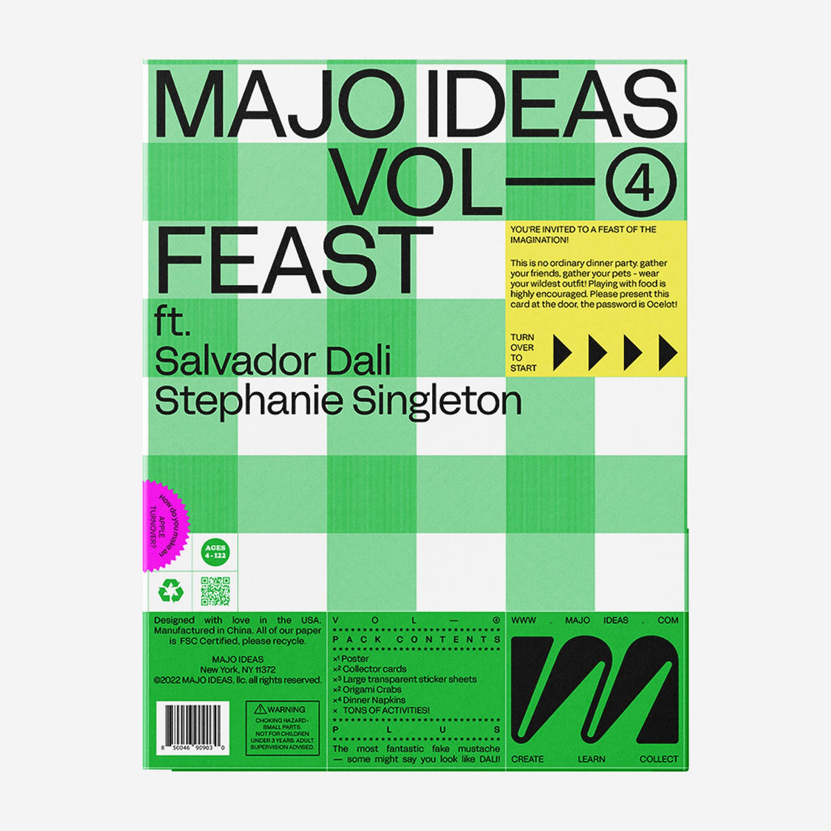 A book or album cover titled 'MAJO IDEAS VOL. 4 FEAST' featuring Salvatore Dali and Stephanie Singleton, designed with a green and white checkered pattern, black text, and a yellow tracklist panel on a light gray background.