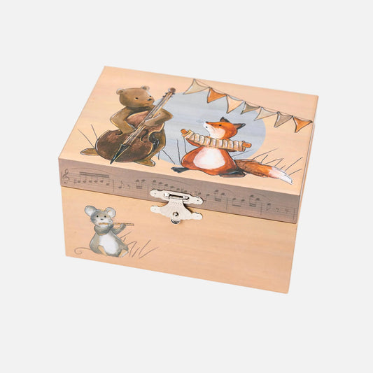 Wooden jewelry box with animal illustrations on a white background