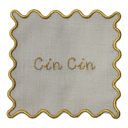 Cin Cin Embroider Scallop Linen Cocktail Napkins - Set of 4