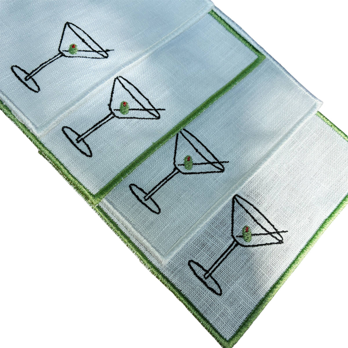 Martini Olive Embroidered Linen Cocktail Napkins - Set of 4: Green hem