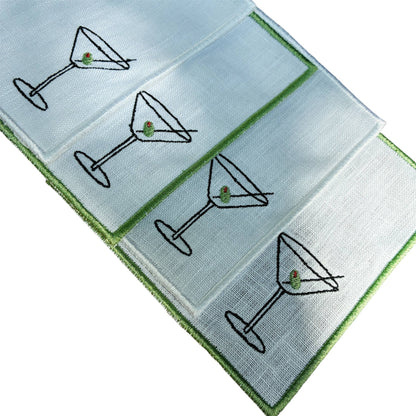 Martini Olive Embroidered Linen Cocktail Napkins - Set of 4: Green hem