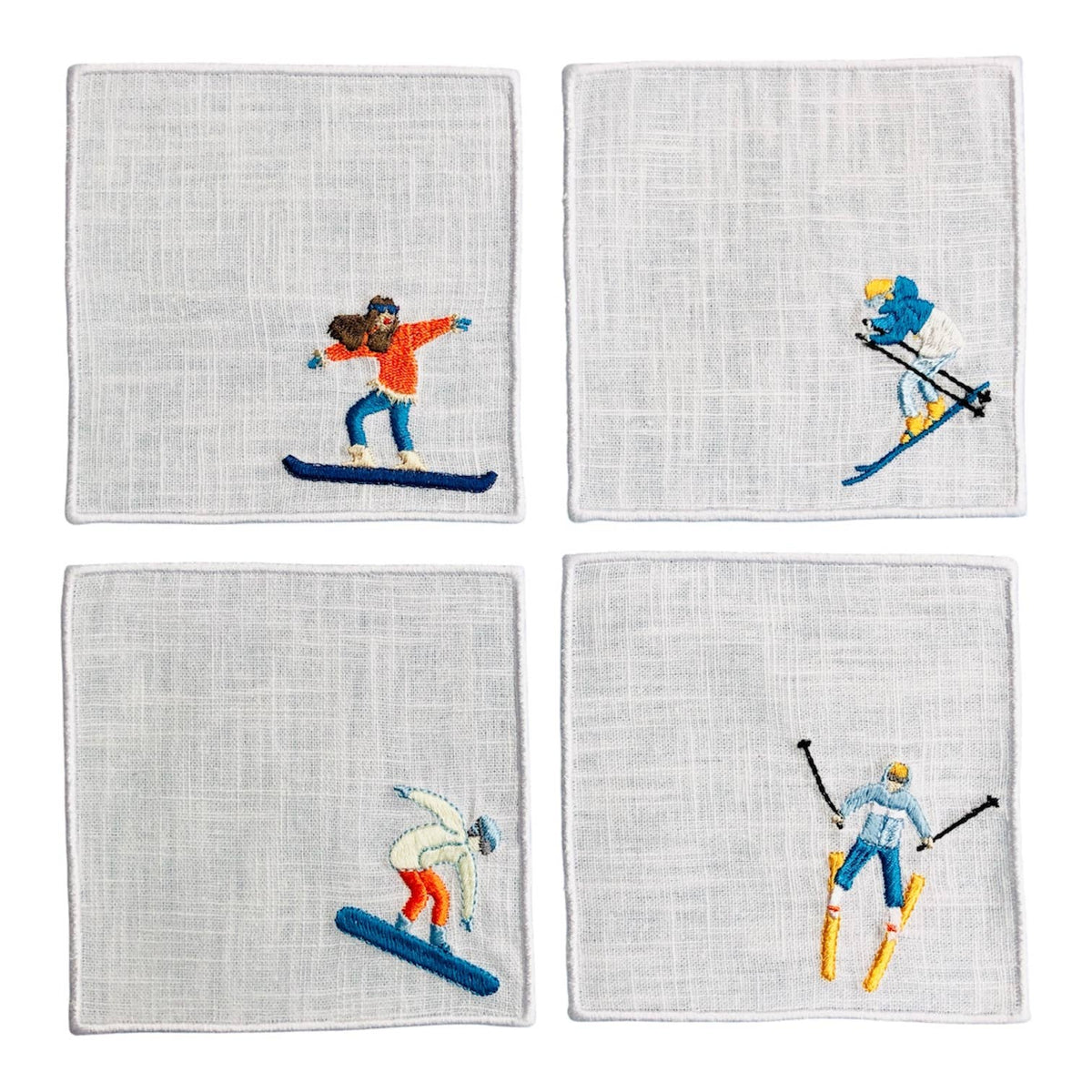 Winter Sport Skiers Linen Cocktail Napkins - Set of 4/6: 4 napkins