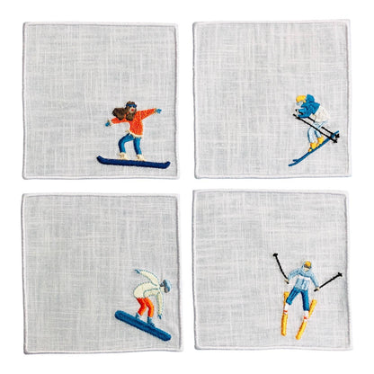 Winter Sport Skiers Linen Cocktail Napkins - Set of 4/6: 4 napkins