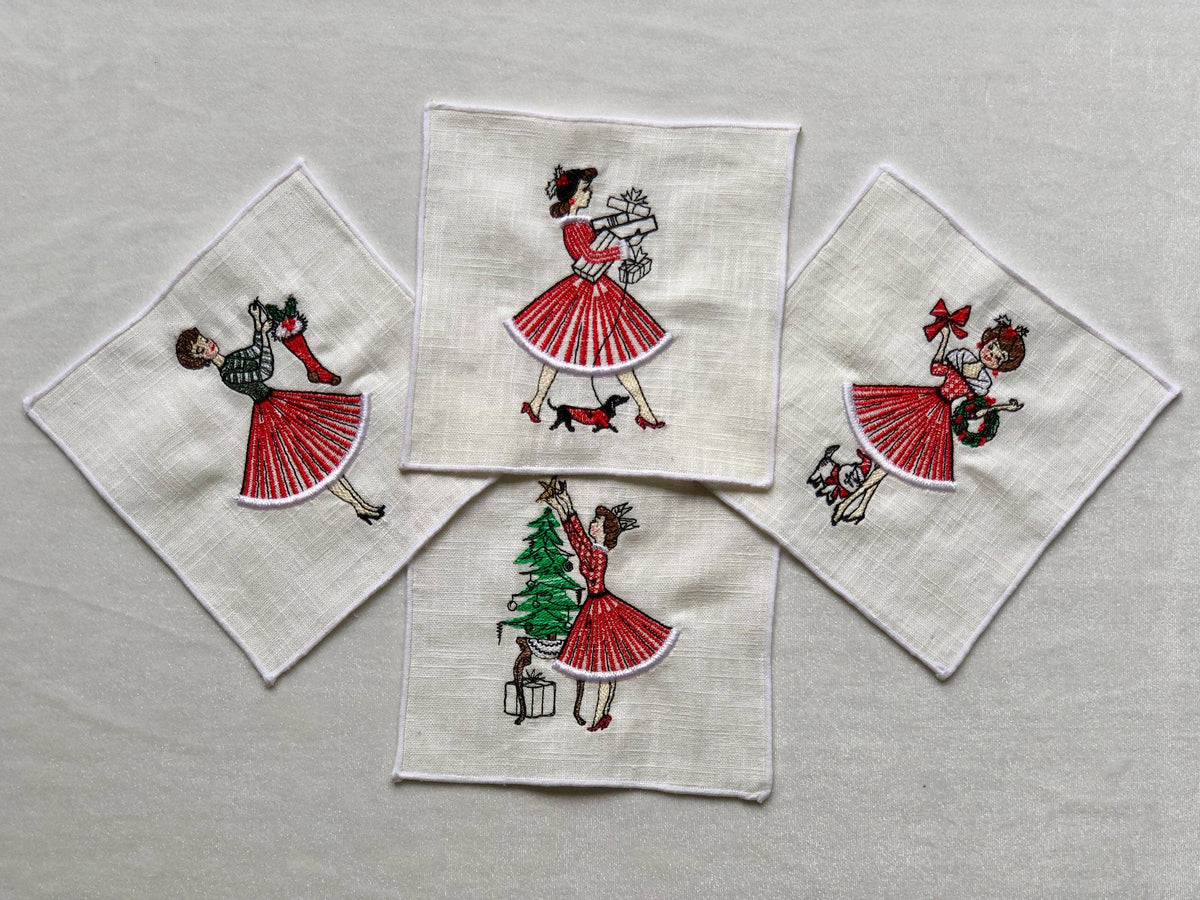 Vintage Retro Christmas Girl Linen Cocktail Napkins - 4 : Lady with dog